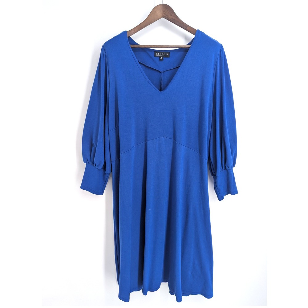 Eloquii Women's Shift Dress Size 26 Blue 3/4 Puff Sleeve V Neck Stretch Knit‎